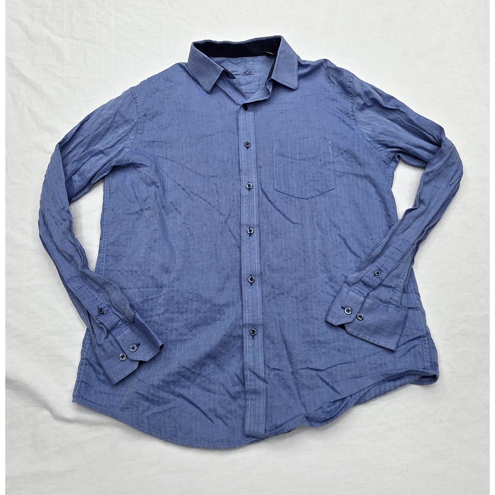 Tasso Elba‎ Mens Blue Herringbone Button Up Shirt Cotton Long Sleeve Size Medium